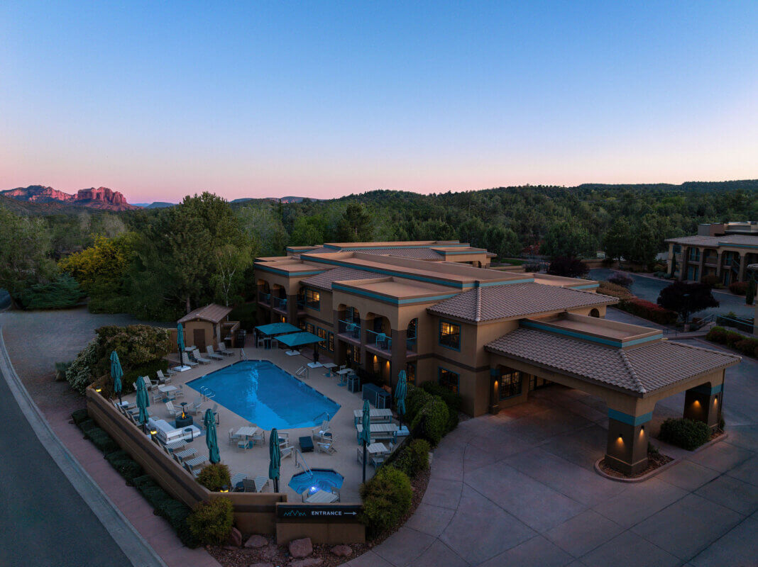 Aerial view of Mountain Modern Sedona at dusk
